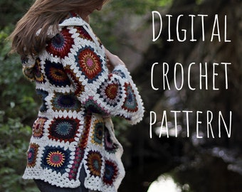 Pode incluir: Um padrão de crochê digital para um casaco com capuz colorido com um design geométrico. O texto "DIGITAL CROCHET PATTERN" está escrito em branco sobre um fundo escuro.