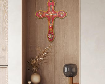 Hand-Painted Wooden Wall Cross: Burgundy Dot Art with Rhinestones