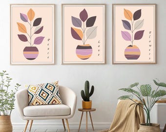 Japandi Vase Art Prints: Peace, Love, Flowers - Scandinavian Boho (Digital Download)