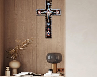 Hand-Painted Wooden Cross: Christian Dot Art Decor with Rhinestones
