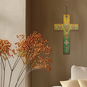Wooden Wall Cross – Hand-Painted Faith Gift – Dot Art Christian Decor – Rustic Religious Ornament – 9.45”