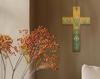 Wooden Wall Cross – Hand-Painted Faith Gift – Dot Art Christian Decor – Rustic Religious Ornament – 9.45”