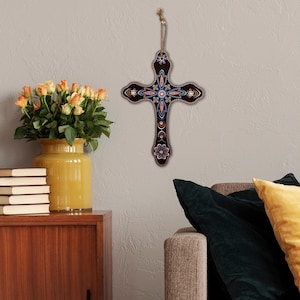 Hand Painted Wooden Cross: Dot Art Christian Wall Decor with Rhinestones - Religious Home Accent – Spiritual Gift