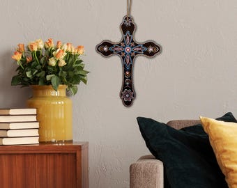 Hand Painted Wooden Cross: Dot Art Rhinestone Christian Decor