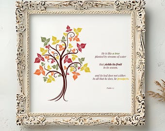 Minimalist Autumn Tree Christian Poster Psalm 1:3 Bible Verse Digital Download - Fall Thanksgiving Faith Printable Wall Art Decor