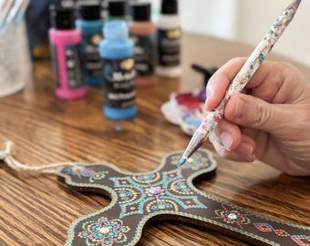 Hand Painted Wooden Cross with Rhinestones: Dot Art Christian Decor