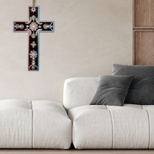 Hand Painted Wooden Cross with Rhinestones: Boho Christian Wall Decor
