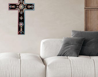 Hand Painted Wooden Cross with Rhinestones -Boho Christian Wall Art - Faith Decor Dot Mandala - Baptism Gift 9.5x6in