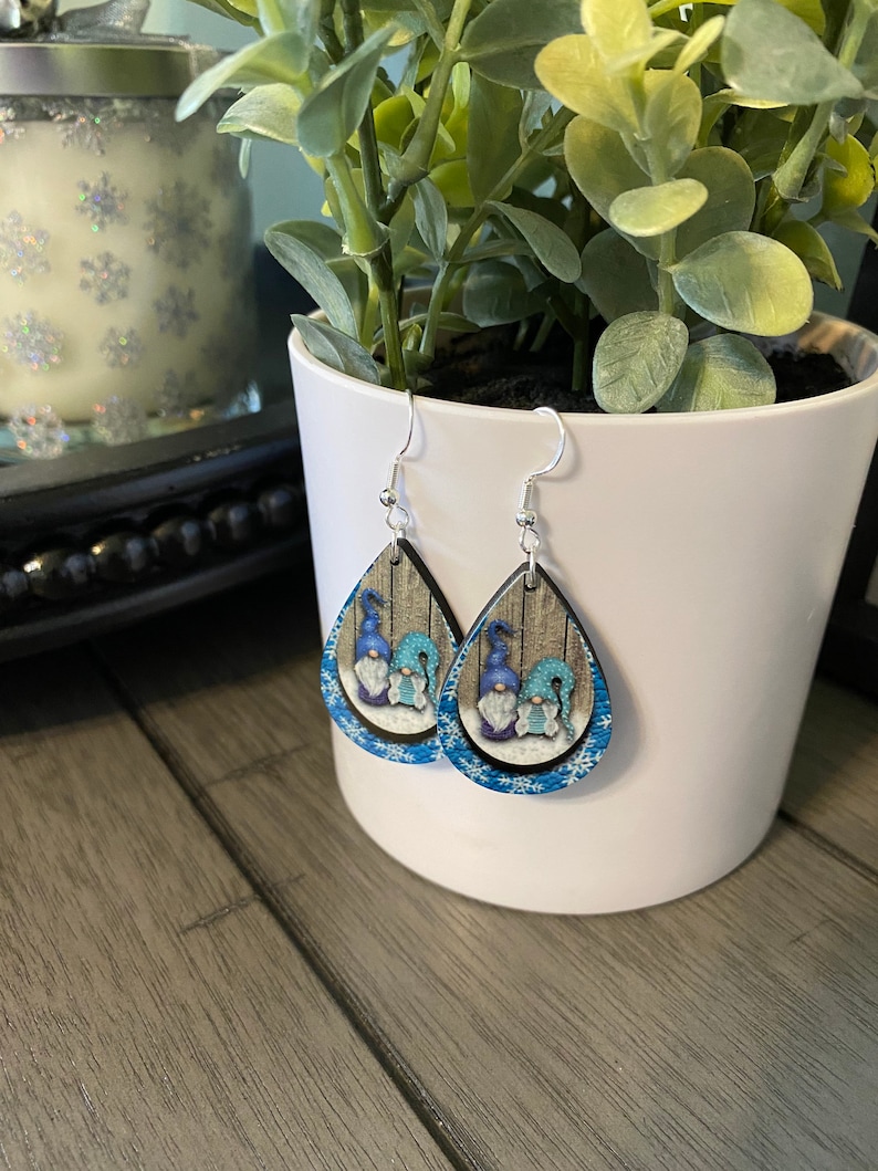 Gnome Teardrop Earrings / Blue Winter Jewelry / Snowflake image 3