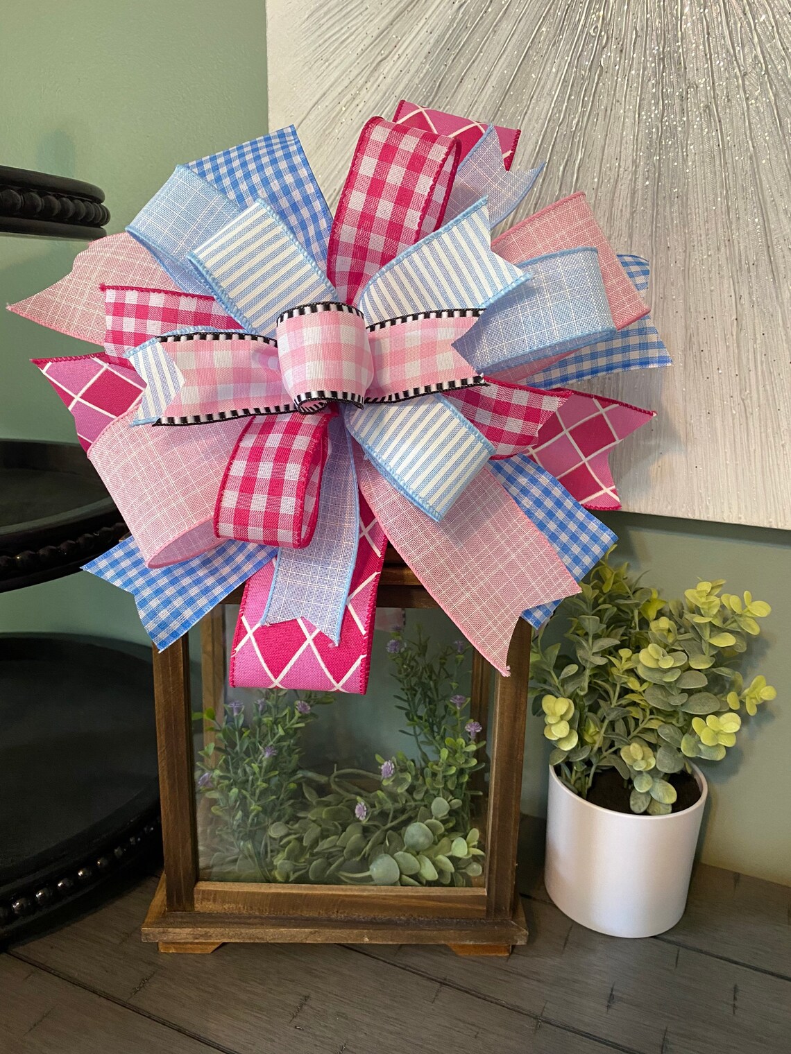 Pink and Blue Bow / 12” Lantern Bow / Wreath Bow / Mailbox Bow / Spring ...