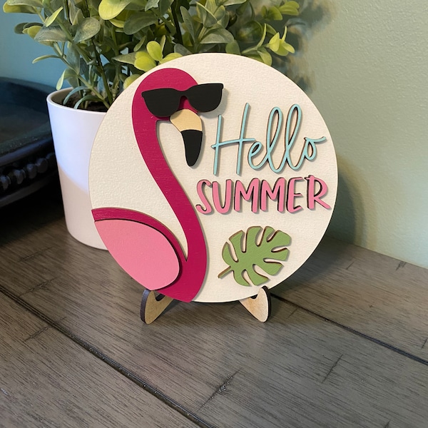Hello Summer Table Sign / Shelf Sitter / Tiered Tray Decor / Wooden 3D Summer Sign / Flamingo Sign / Mini Round Sign / Entry Table Decor