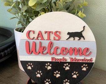 Cats Welcome Table Sign / Shelf Sitter / Tiered Tray Decor / Wooden 3D Summer Sign / Mini Round Sign / Entry Table Decor