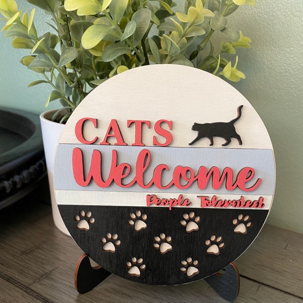 Cats Welcome Table Sign / Shelf Sitter / Tiered Tray Decor / Wooden 3D Summer Sign / Mini Round Sign / Entry Table Decor