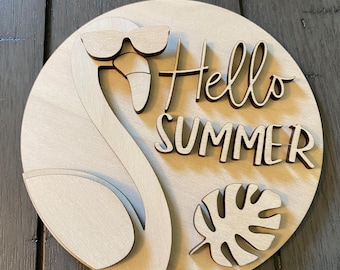 DIY Wood Round Kit / 3D Wooden Blanks / Unfinished Wood / Paint Party / Summer Sign Kit / Flamingo Hello Summer / Wreath Attachment Kit