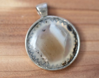 Montana Agate Pendant - 20mm Milky Gray with Black & White Accents, Sterling Silver Necklace, Earthy Elegance Jewel
