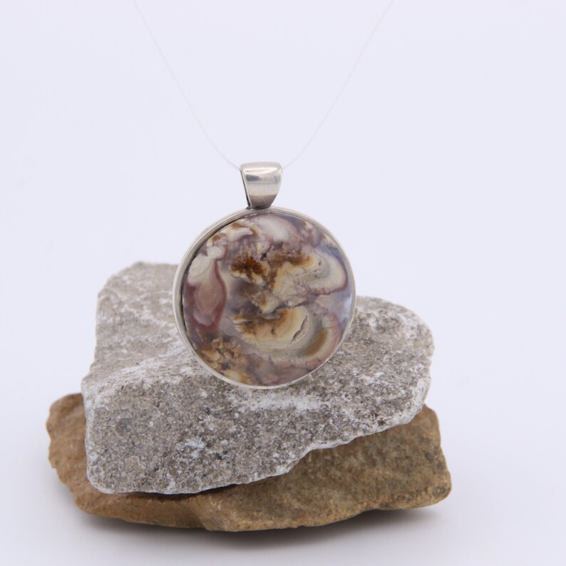 20 mm Sterling Silver Gemstone Pendant Boho Necklace Natural Rock Gem Nature Jewelry Plume Agate Handmade Stone Cabochon