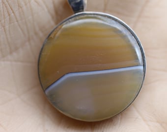 Incredible Waterline Agate Pendant Necklace - 925 Sterling Silver Pendant - Round Cabochon Stone Pendant - Silver Pendant Jewelry 25mm