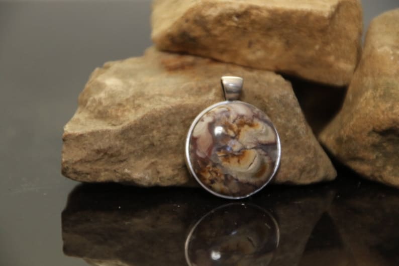 20 mm Sterling Silver Gemstone Pendant Boho Necklace Natural Rock Gem Nature Jewelry Plume Agate Handmade Stone Cabochon