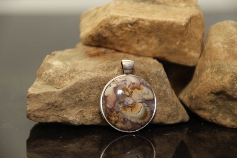 20 mm Sterling Silver Gemstone Pendant Boho Necklace Natural Rock Gem Nature Jewelry Plume Agate Handmade Stone Cabochon