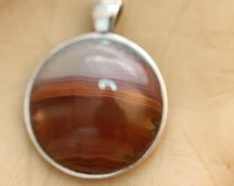 Red & White Banded Agate Pendant - 20mm Unique Inclusions, Sterling Silver, Artisan Gemstone Jewelry