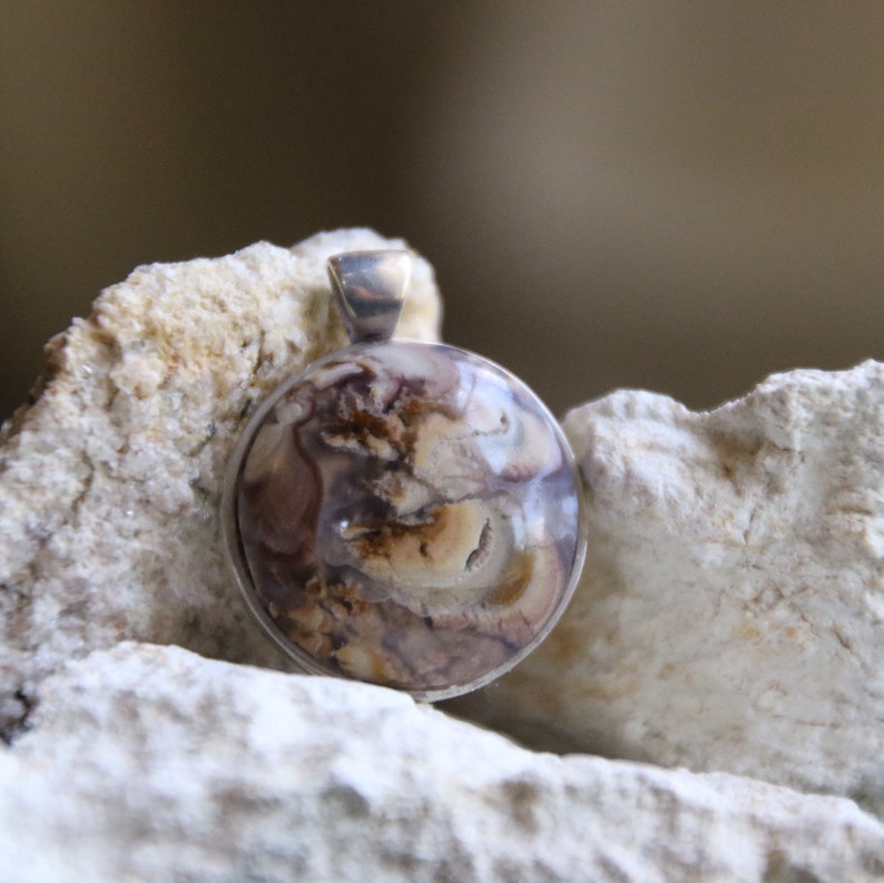 20 mm Sterling Silver Gemstone Pendant Boho Necklace Natural Rock Gem Nature Jewelry Plume Agate Handmade Stone Cabochon