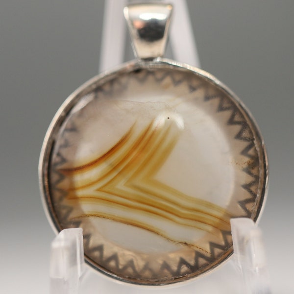 Fortification Agate Pendant - 20mm with Brown V-Pattern, Sterling Silver Necklace, Elegant Earth-Tone Jewelry