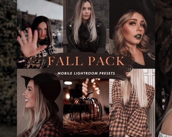 Op de afbeelding: Een collage van afbeeldingen met een vrouw die een zwarte hoed en een geruit overhemd draagt, een vrouw die een zwart leren jack draagt en een decoratieve metalen pompoen. De tekst "FALL PACK MOBILE LIGHTROOM PRESETS" wordt weergegeven op een zwarte achtergrond.