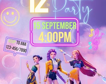 May include: A vibrant birthday party invitation with the name "Andrea's" in large white letters. The invitation includes the date, time, and location, along with cartoon figures and decorative elements like musical notes and bubbles.