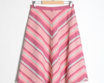 Falda midi de rayas vintage de los años 70, corte A, rosa y gris, cintura de 68 cm