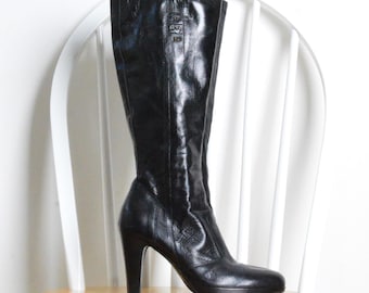 Y2k Black Knee High Leather Boots Made in Italy Size EU 38