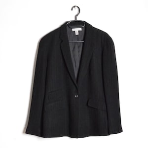 Vintage 90s Black Striped Single Button Relaxed Fit Wool Blend Blazer Size Medium M