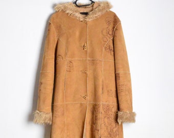Vintage 90s Beige Graphic Ornamental Hooded Penny Lane Duffle Coat
