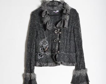 Y2K Graue Wollmischung Reißverschluss Bell Ärmel Mittelalterliche Stil Strickjacke Jacke Größe S/M S/M