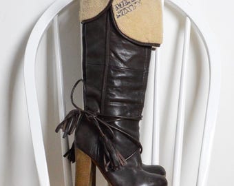 Y2k Miss Sixty Dark Brown Leather Tall Knee High Platform Boots EU 37