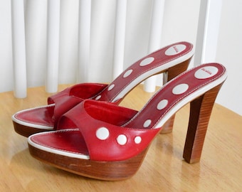 Y2k Red Leather White Polka Dot High Heel Sandals Size EUR 41