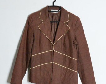Vintage 70s Brown Striped Linen Blend Womens Blazer Preppy Formal Jacket Size Medium M