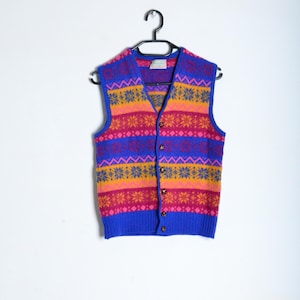 Vintage 80s Colourful Ornamental Pure Wool Preppy Womens Button Vest Size Small S
