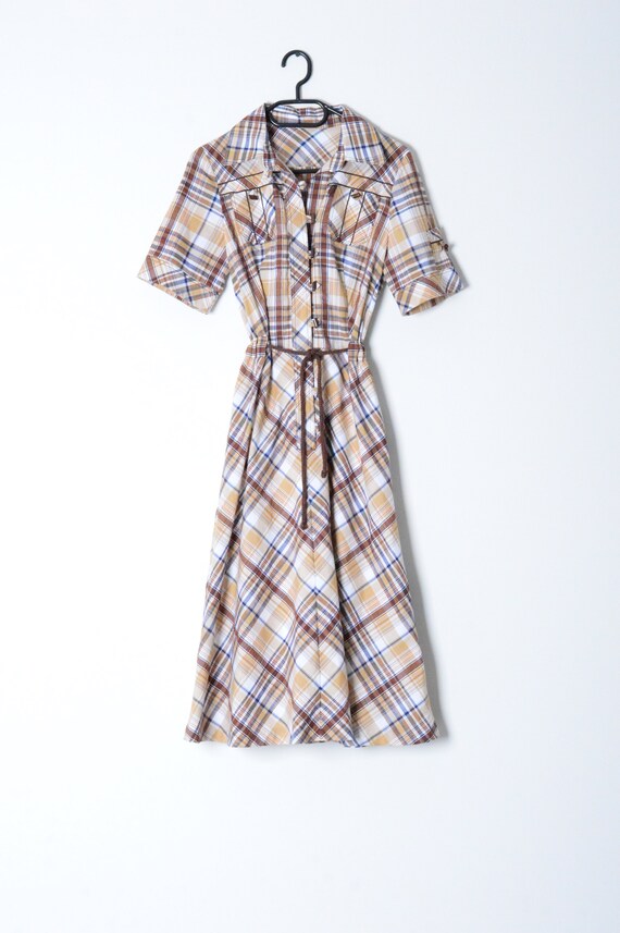 Vintage 70s Beige Brown Blue Check Safari Midi Dr… - image 2