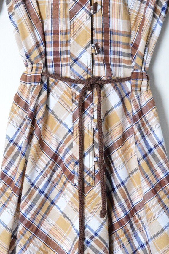 Vintage 70s Beige Brown Blue Check Safari Midi Dr… - image 3