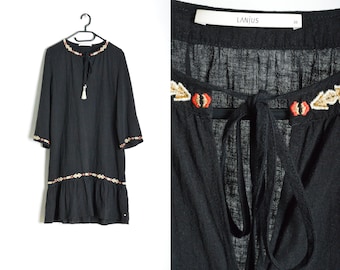 Robe style bohème brodée coupe décontractée noire Y2K en lin mélangé, petite taille