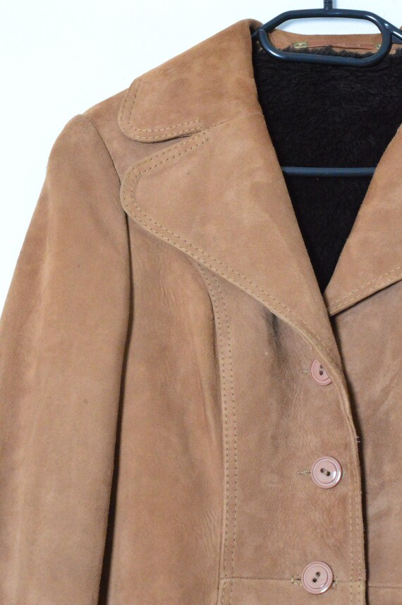 Vintage 70s Camel Brown Suede Leather Warm Winter… - image 4