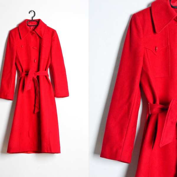 Trench-coat ceinturé en mélange de laine rouge vintage des années 70