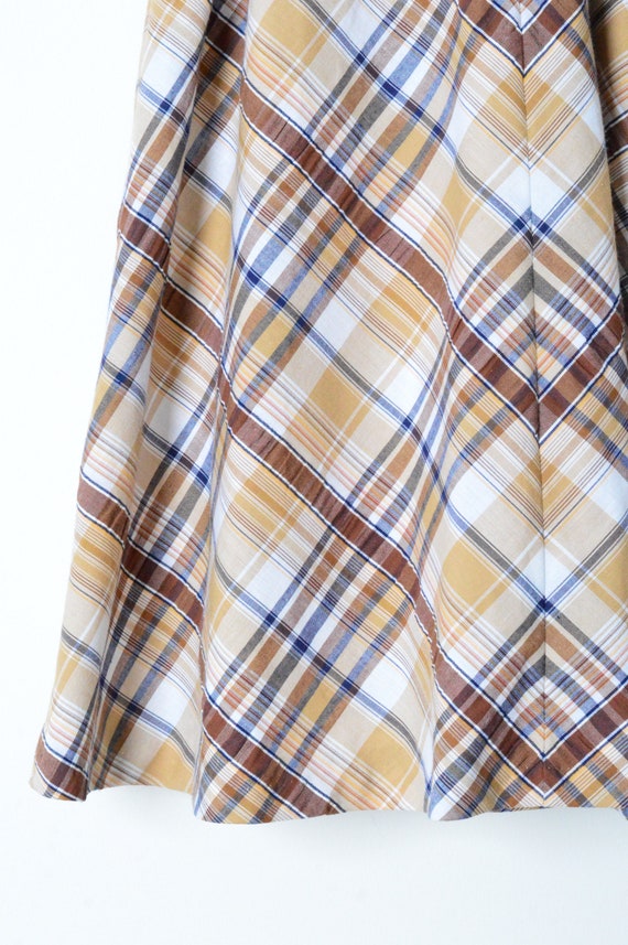 Vintage 70s Beige Brown Blue Check Safari Midi Dr… - image 6