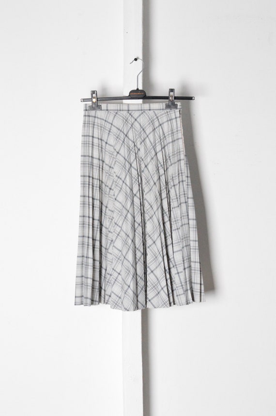 Vintage 70s Grey Check Pleated Midi Skirts Waist … - image 3
