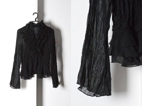Y2K Black Crinkled Ruffle Collar Tie Blouse Size S