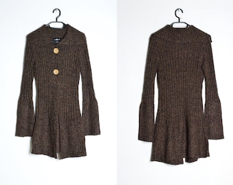 Y2K Brown Knit Bell Sleeve Long Cardigan Jacket Size Small