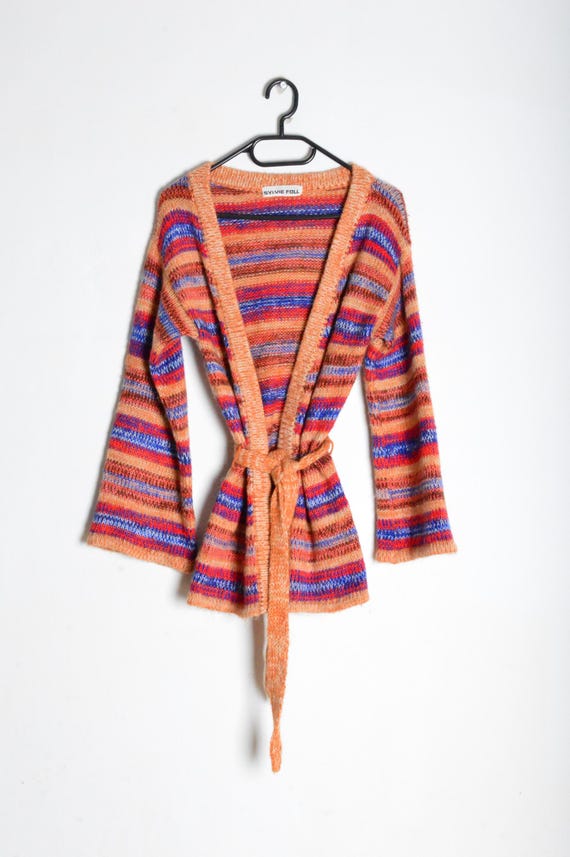 Vintage 70s Colorful Striped Knit Belted Bell Sleeve Cardigan Size