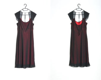 Y2K Red Black Mesh Romantic Vampire Goth Midi Dress Size L