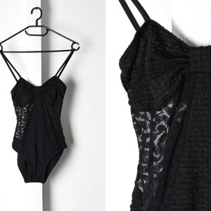 Vintage 80s Black Lace Bow Bodysuit Size S