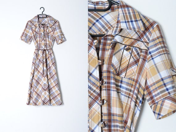 Vintage 70s Beige Brown Blue Check Safari Midi Dr… - image 1